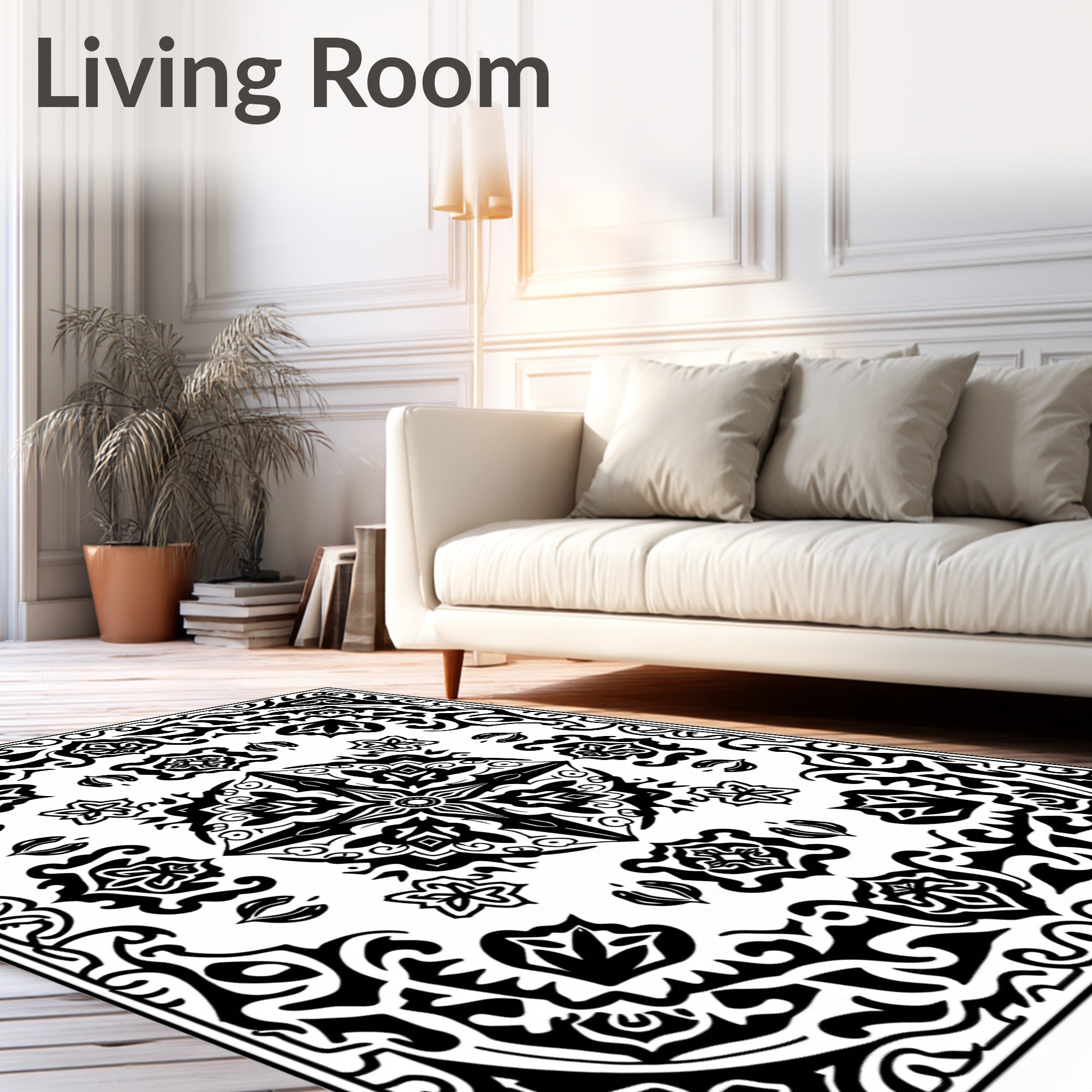 Bold Black and White Floral Mandala Rug