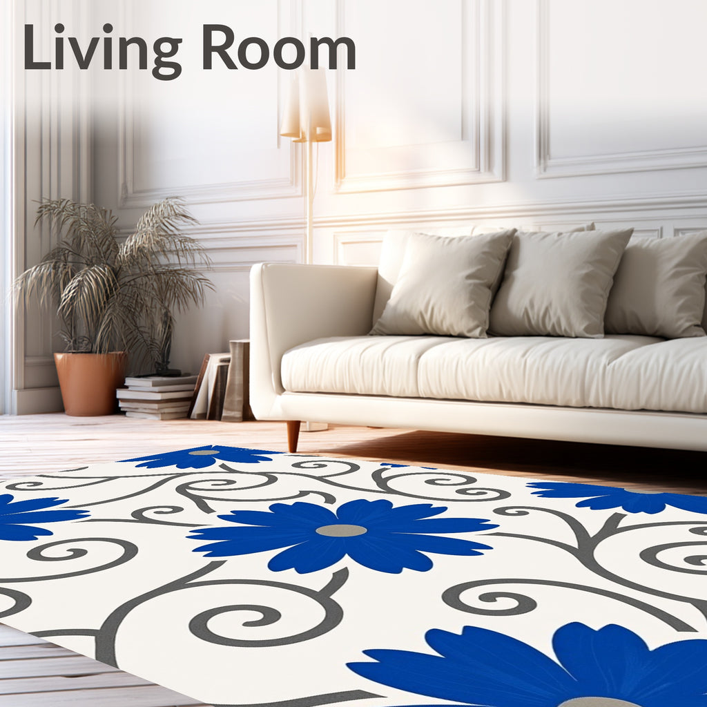 Vibrant Blue Floral Swirls Background Rug
