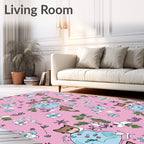 Pink Cartoon Fox Floral Whimsical Scene Rug