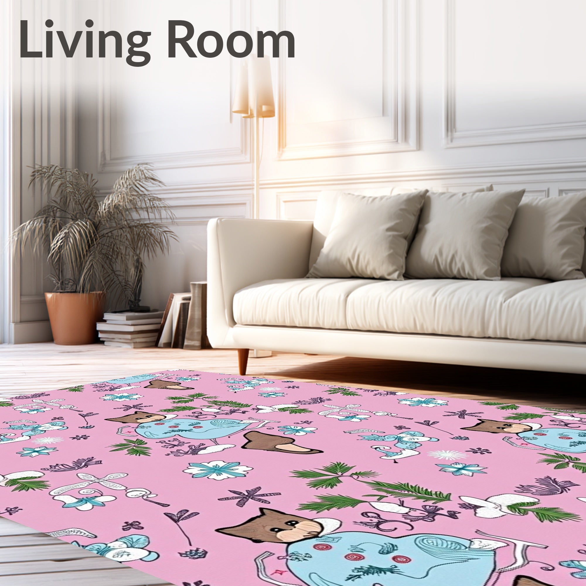 Pink Cartoon Fox Floral Whimsical Scene Rug