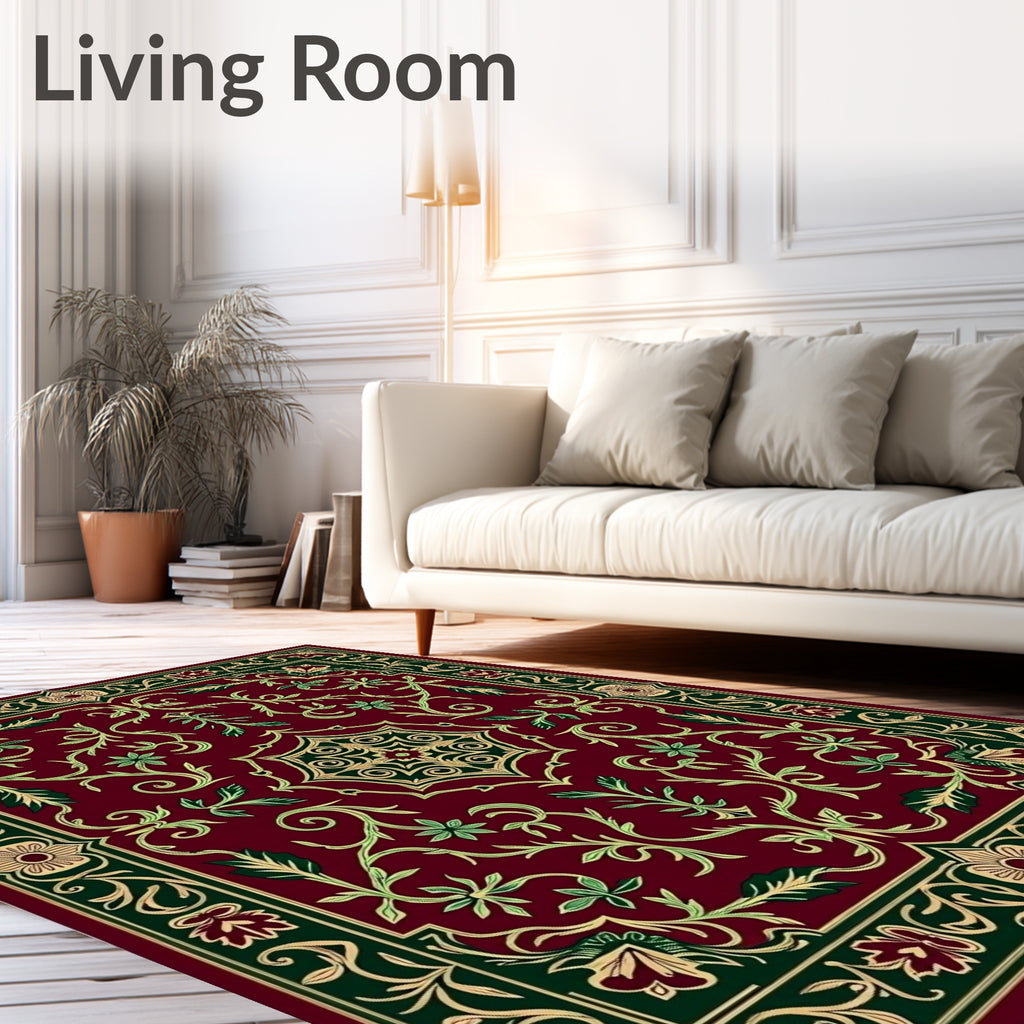 Deep Red Botanical Scrollwork Border Rug