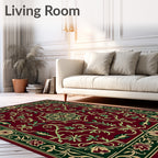 Deep Red Botanical Scrollwork Border Rug