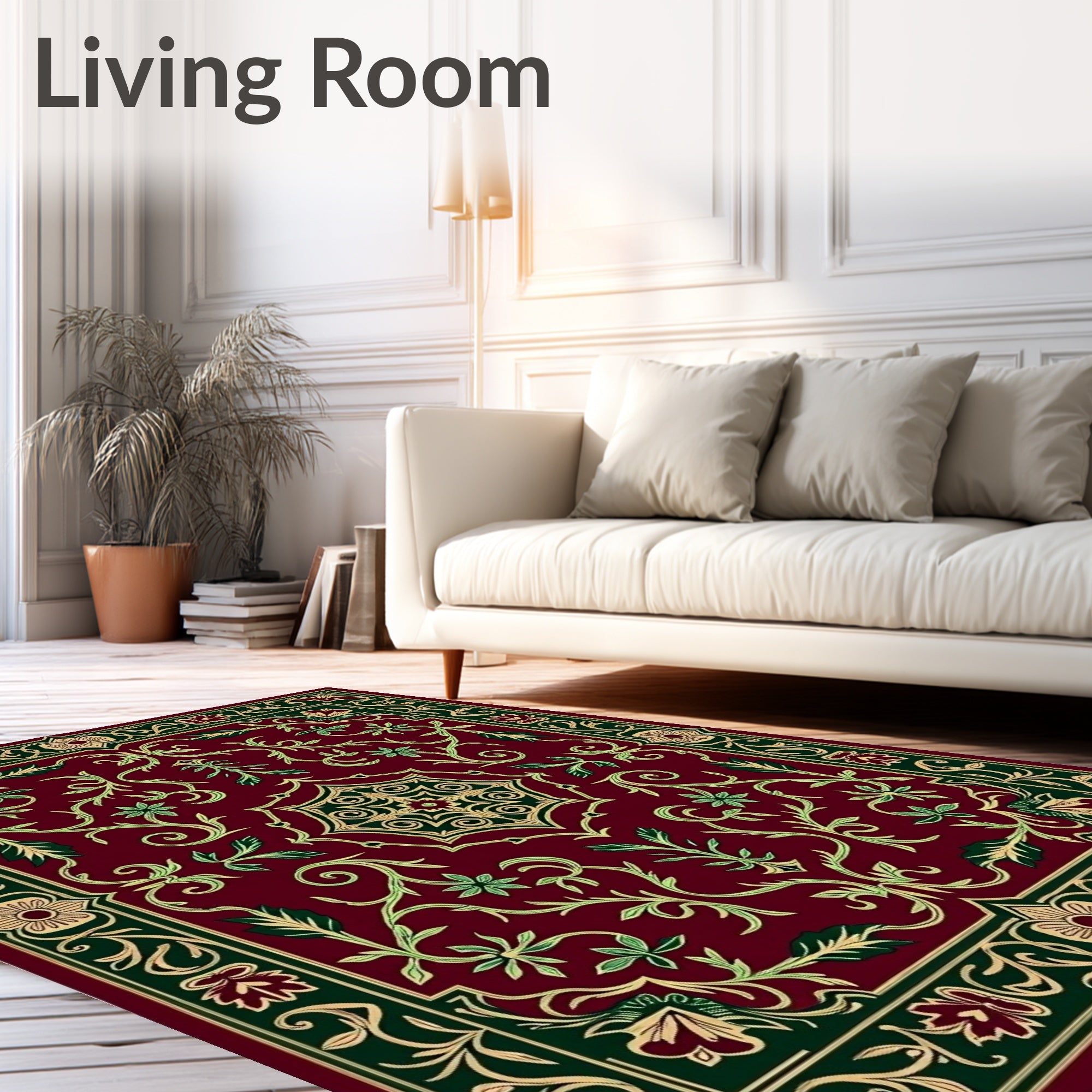 Deep Red Botanical Scrollwork Border Rug