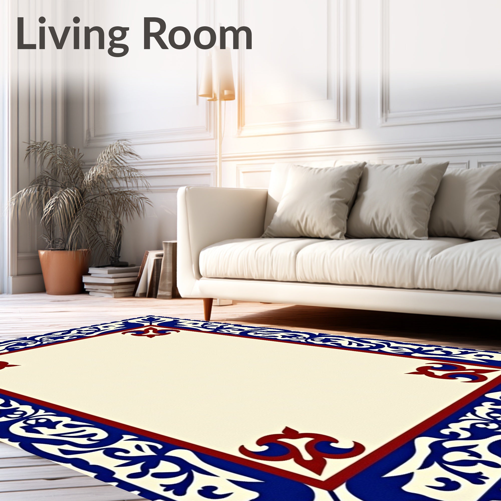 Classic Red Blue Floral Border Rug