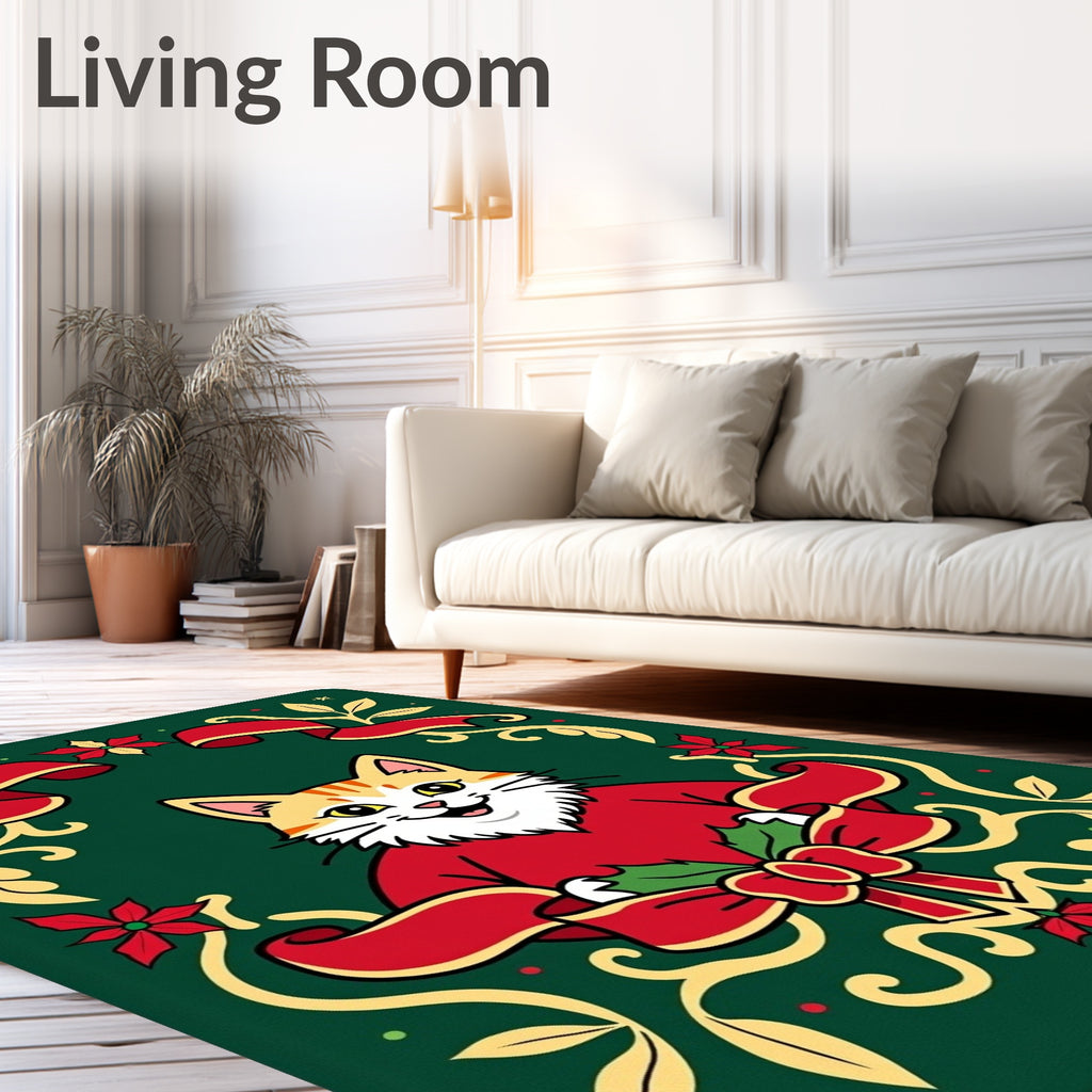 Christmas Cat Ribbon Holly Floral Rug