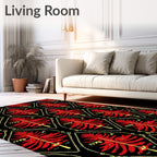 Crimson Red Feathered Fern Black Rug
