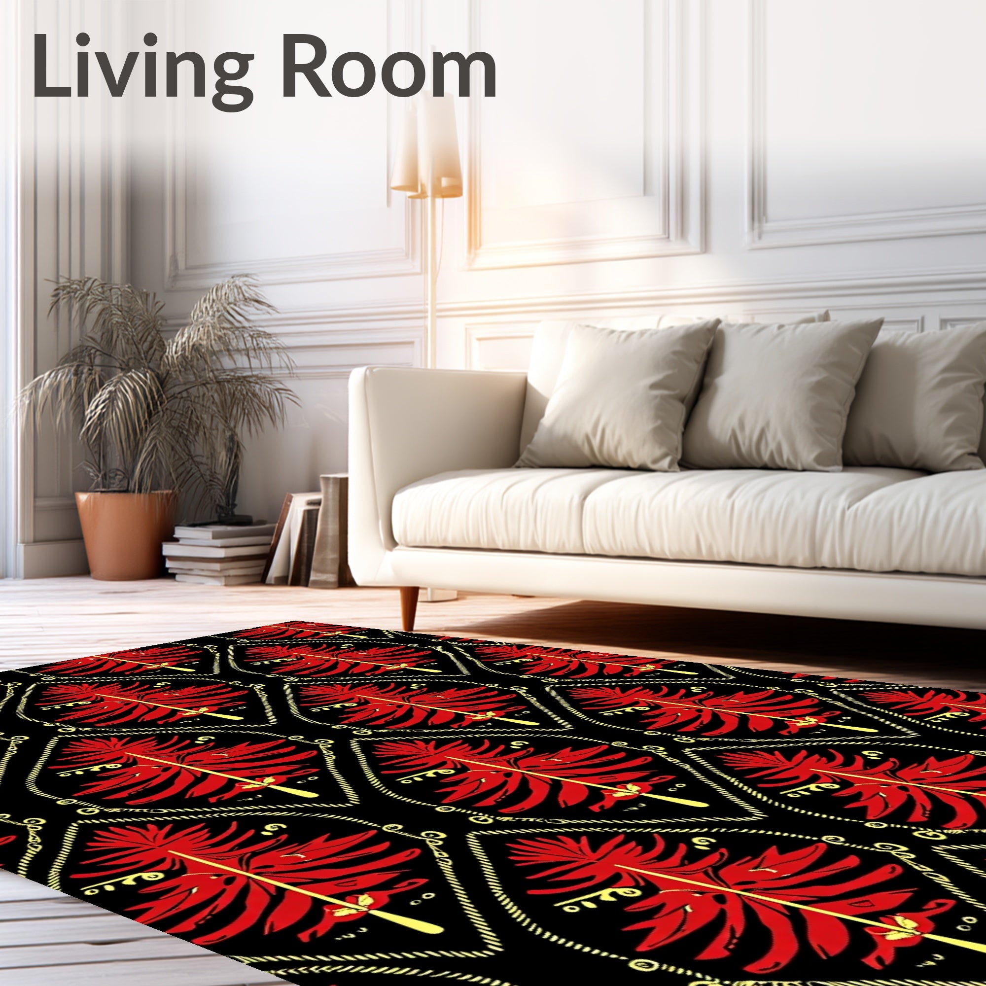 Crimson Red Feathered Fern Black Rug