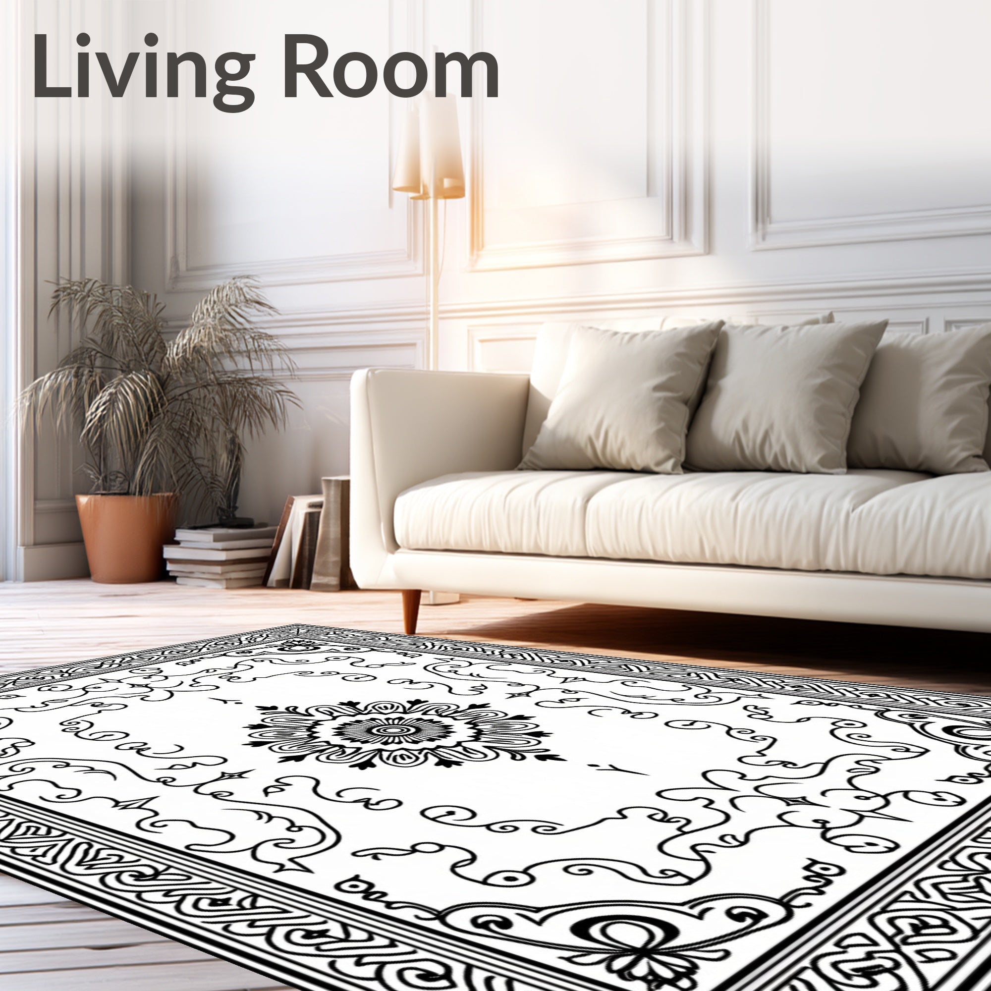 Classic Black and White Floral Medallion Rug