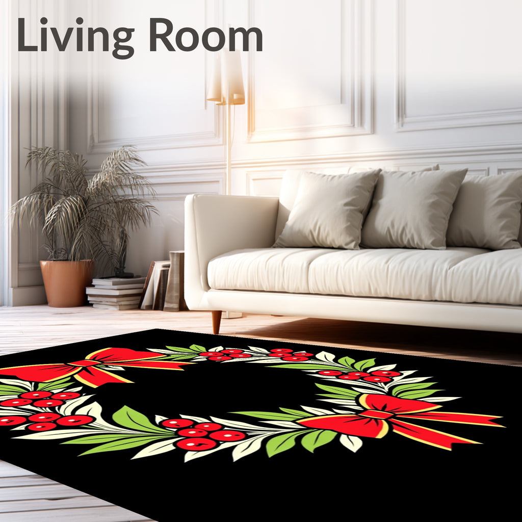 Red Bow Green Leaf Berry Wreath Rug