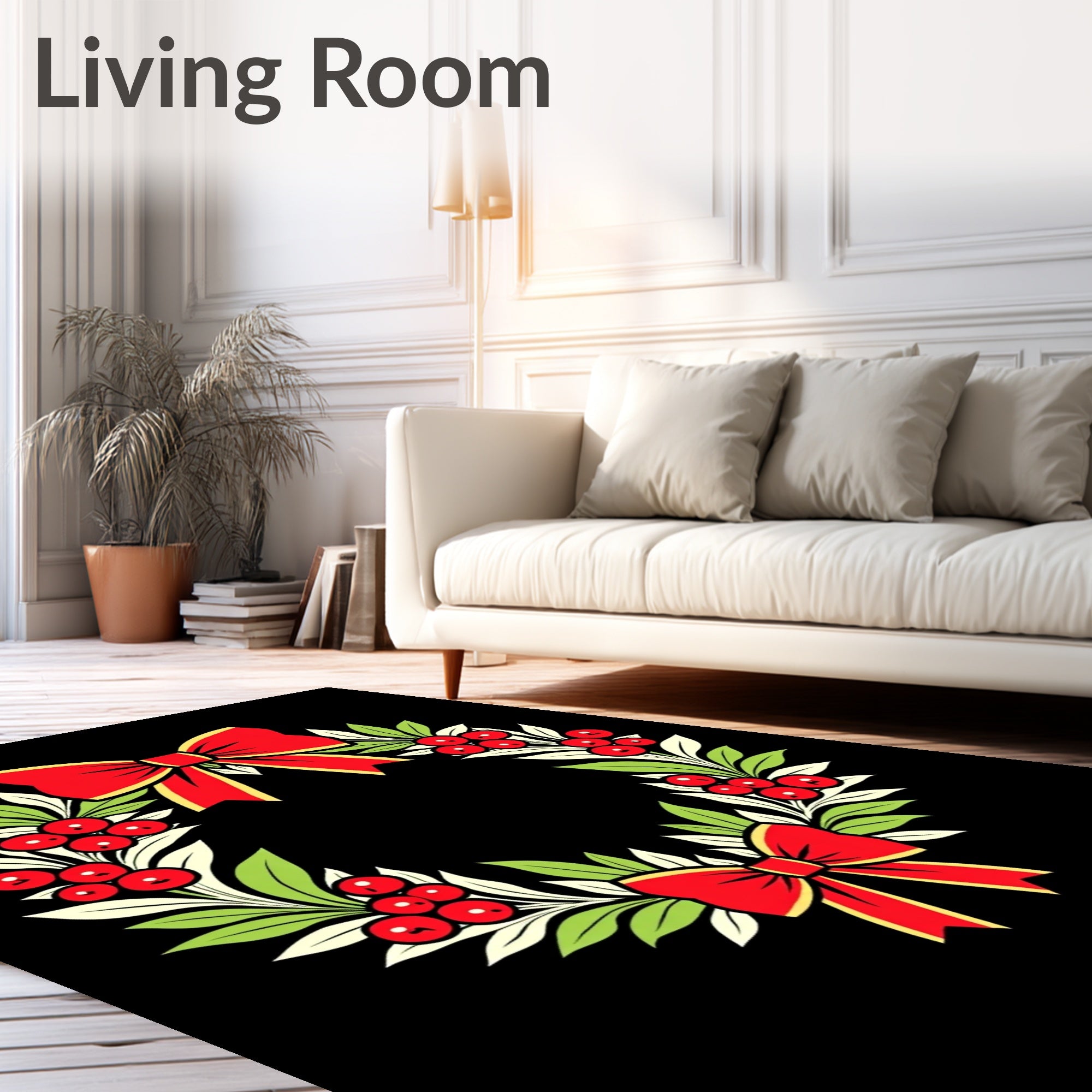 Red Bow Green Leaf Berry Wreath Rug