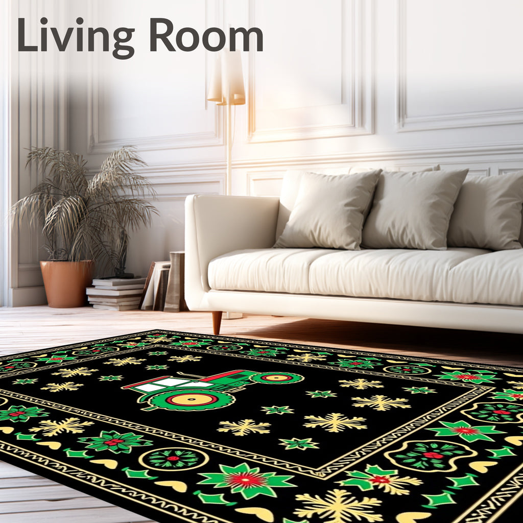 Green Tractor Red Border Black Field Rug