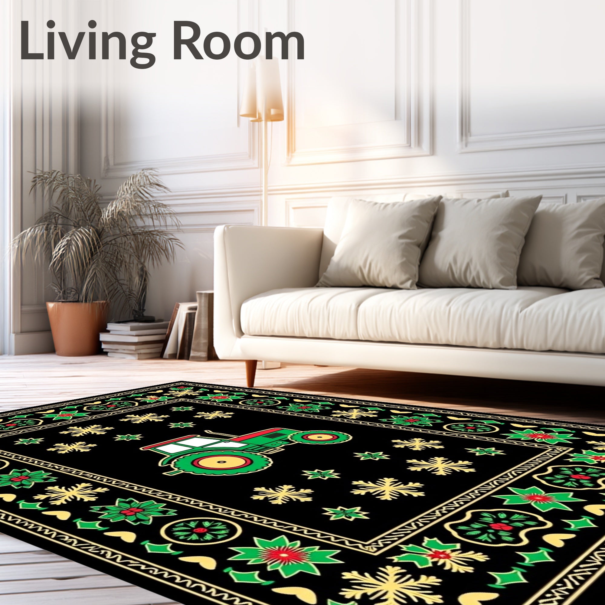 Green Tractor Red Border Black Field Rug