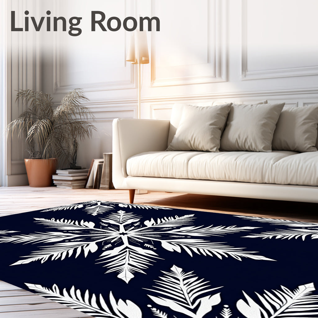 White Snowflakes Navy Blue Rug