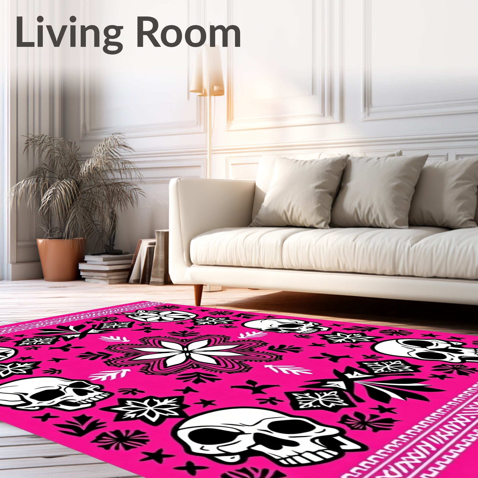 Fuchsia Skulls Floral Mandala Border Rug