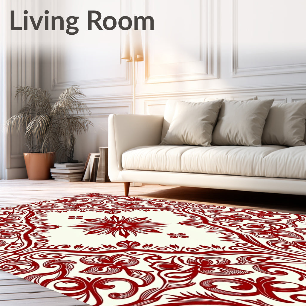 Crimson Floral Scrollwork Ornament Rug