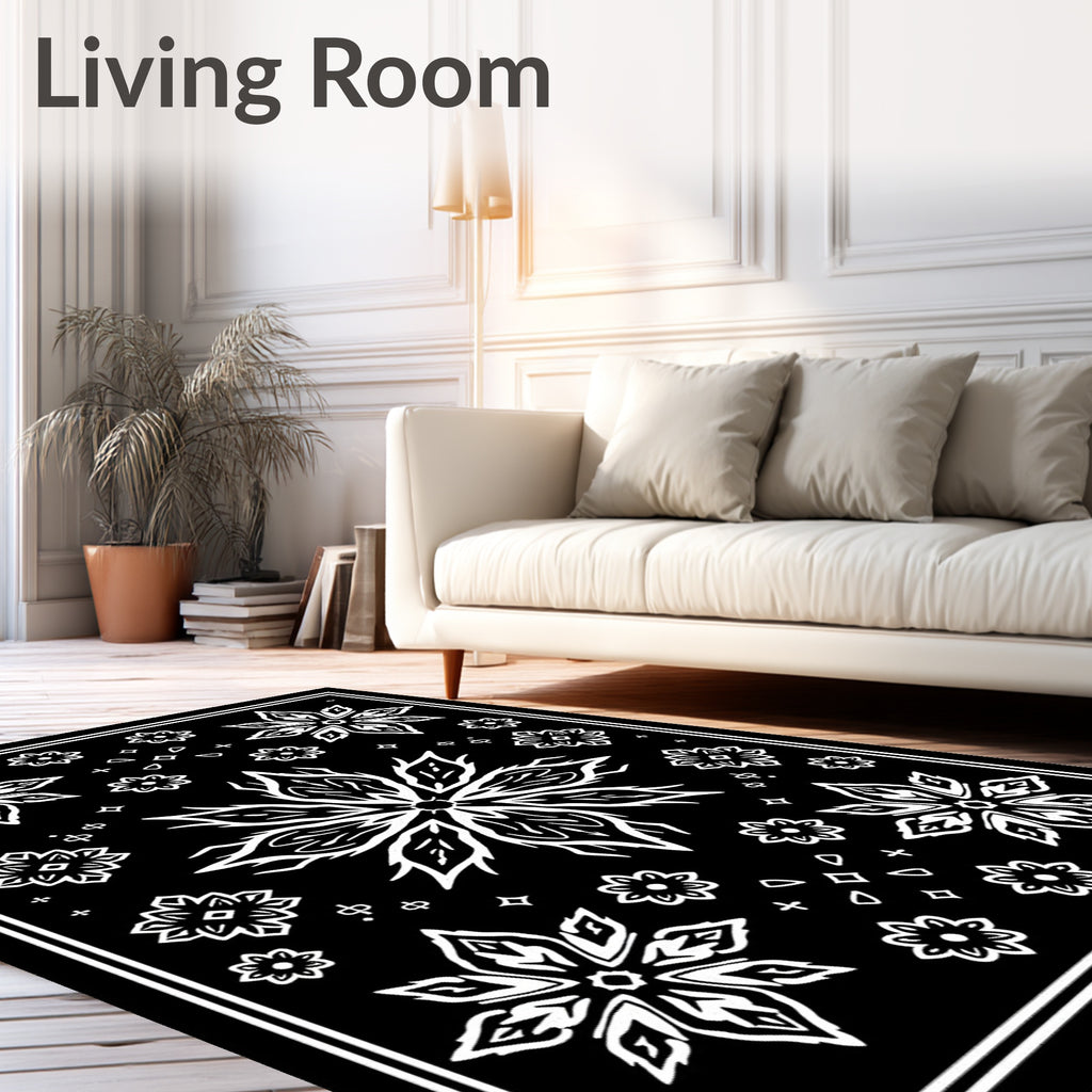 Black White Floral Starburst Medallion Rug