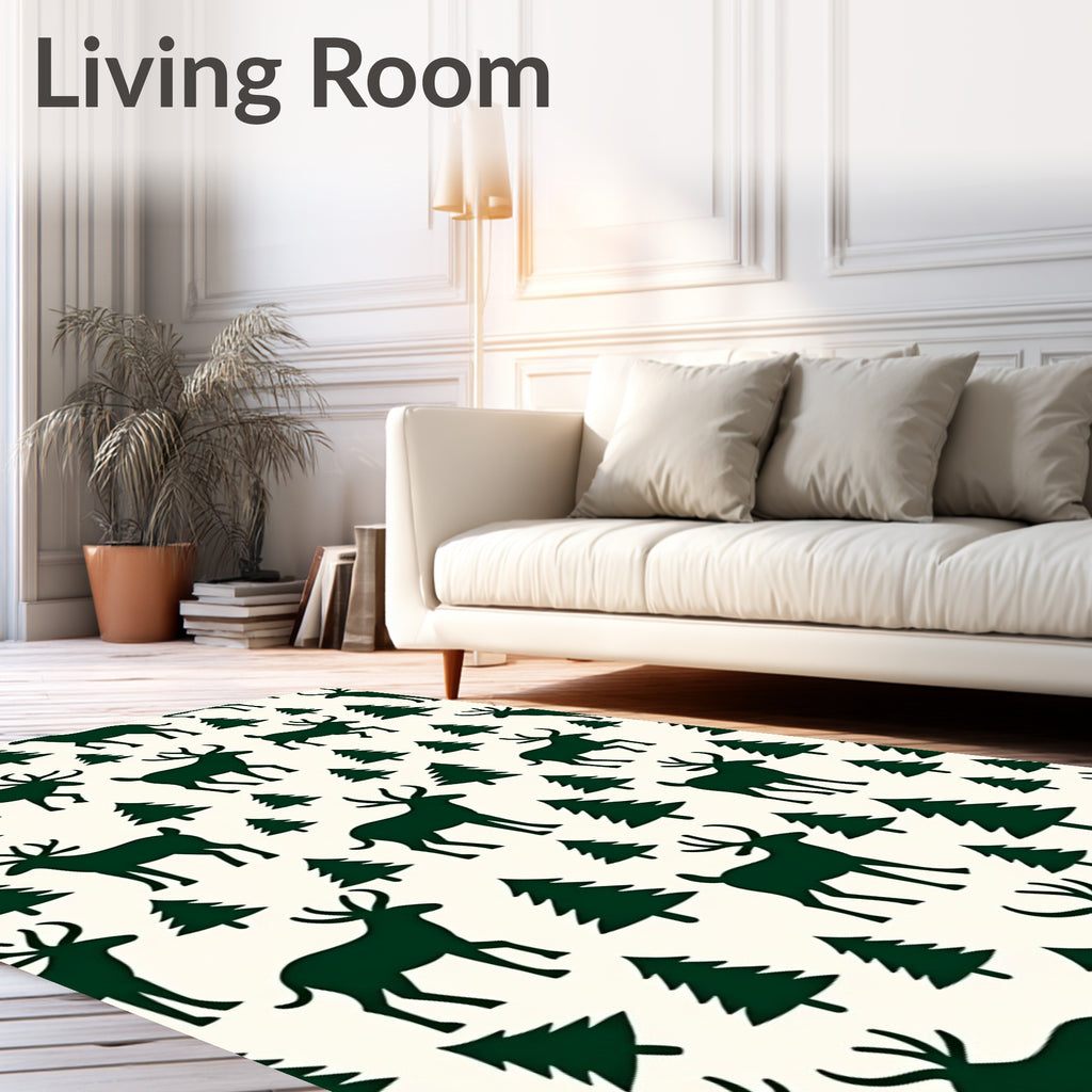 Dark Green Deer Pine Trees Rug