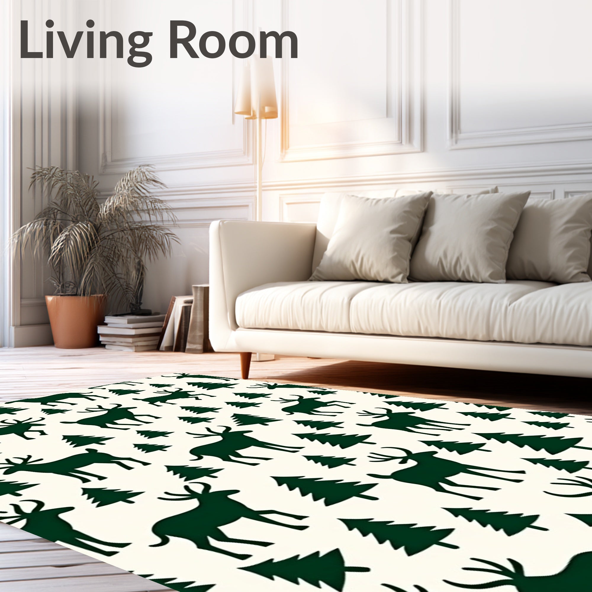 Dark Green Deer Pine Trees Rug