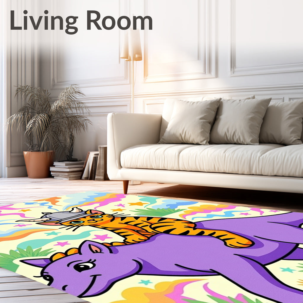 Groovy Orange Cat Viking Dinosaur Ride Rug