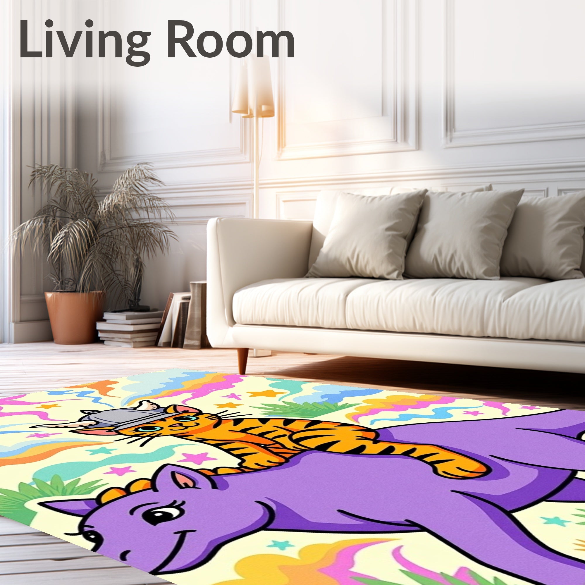 Groovy Orange Cat Viking Dinosaur Ride Rug
