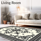 Ornate Black Classic Floral Medallion Cream Rug