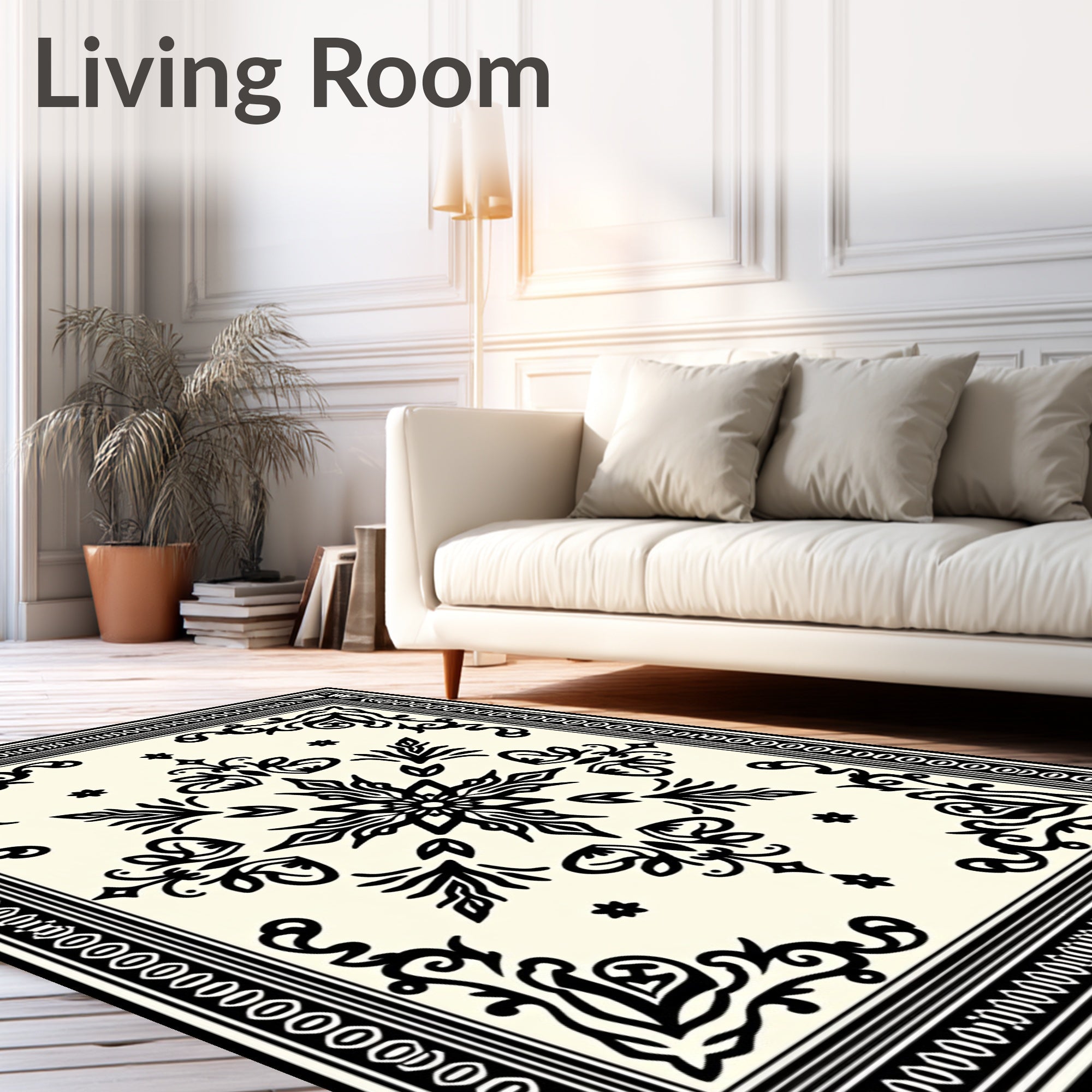 Ornate Black Classic Floral Medallion Cream Rug