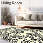 Elegant Black Floral Medallion Cream Background Rug