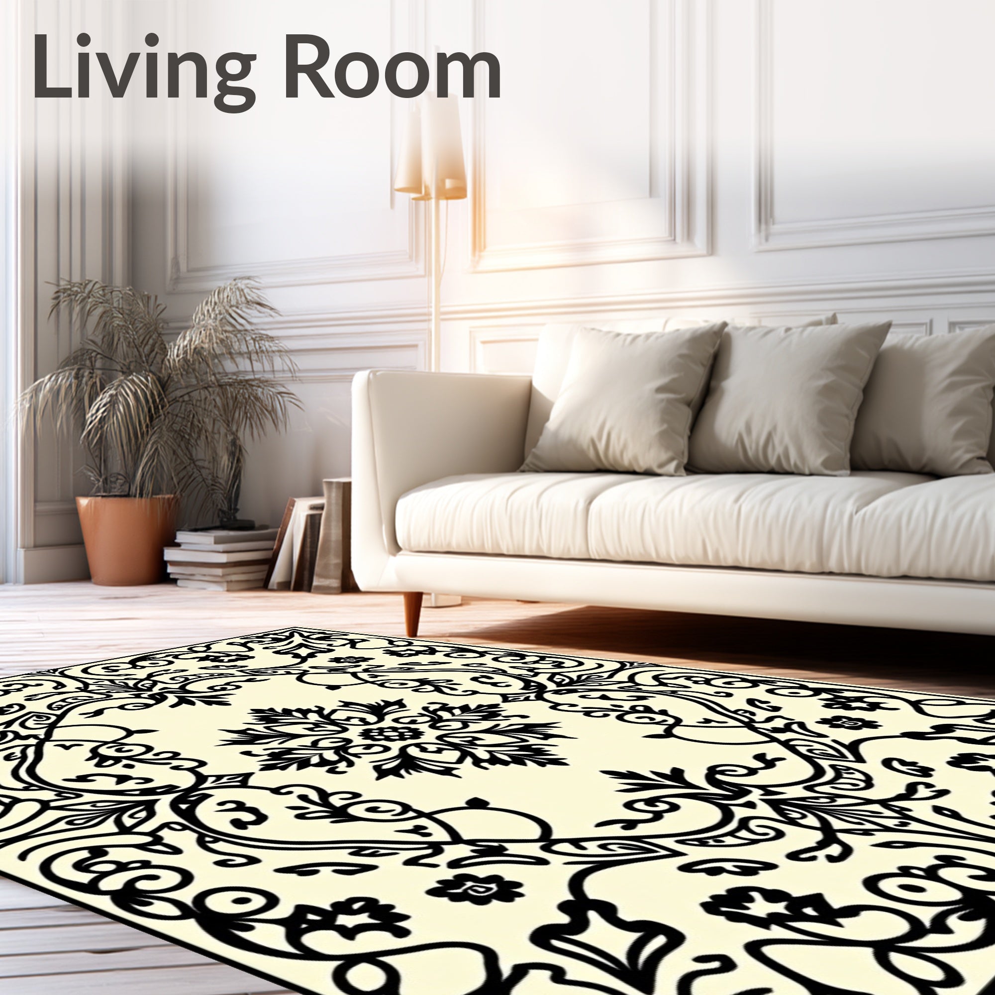 Elegant Black Floral Medallion Cream Background Rug
