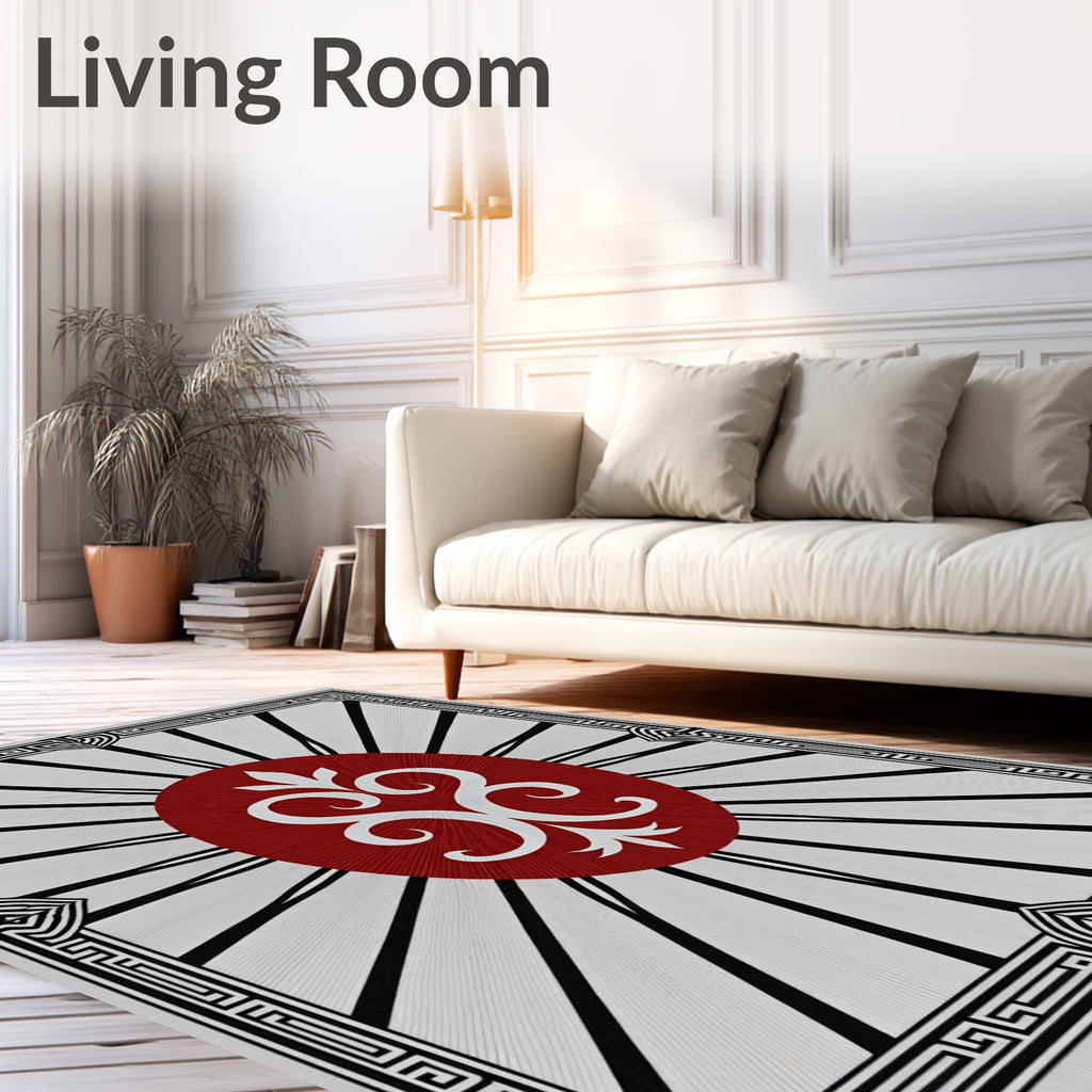 Crimson Sunburst Geometric Floral Rug