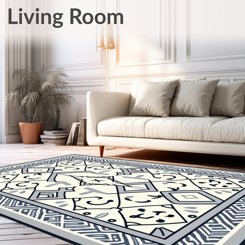Cream Blue Geometric Central Diamond Rug