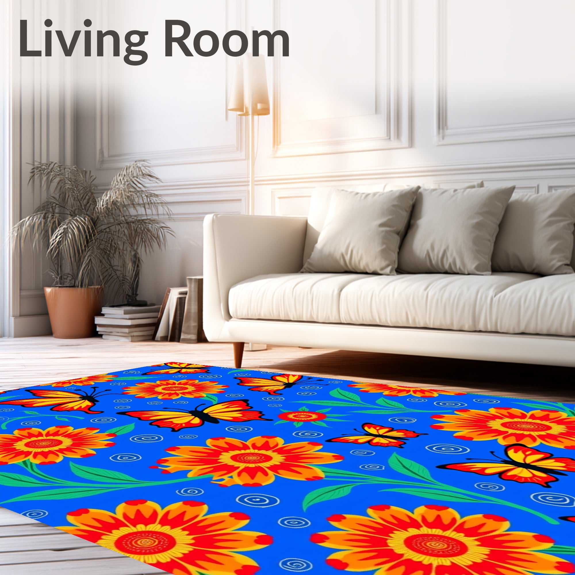 Vibrant Red Yellow Butterfly Flower Garden Rug