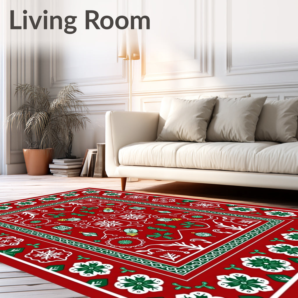Red Green White Holiday Christmas Ornaments Rug