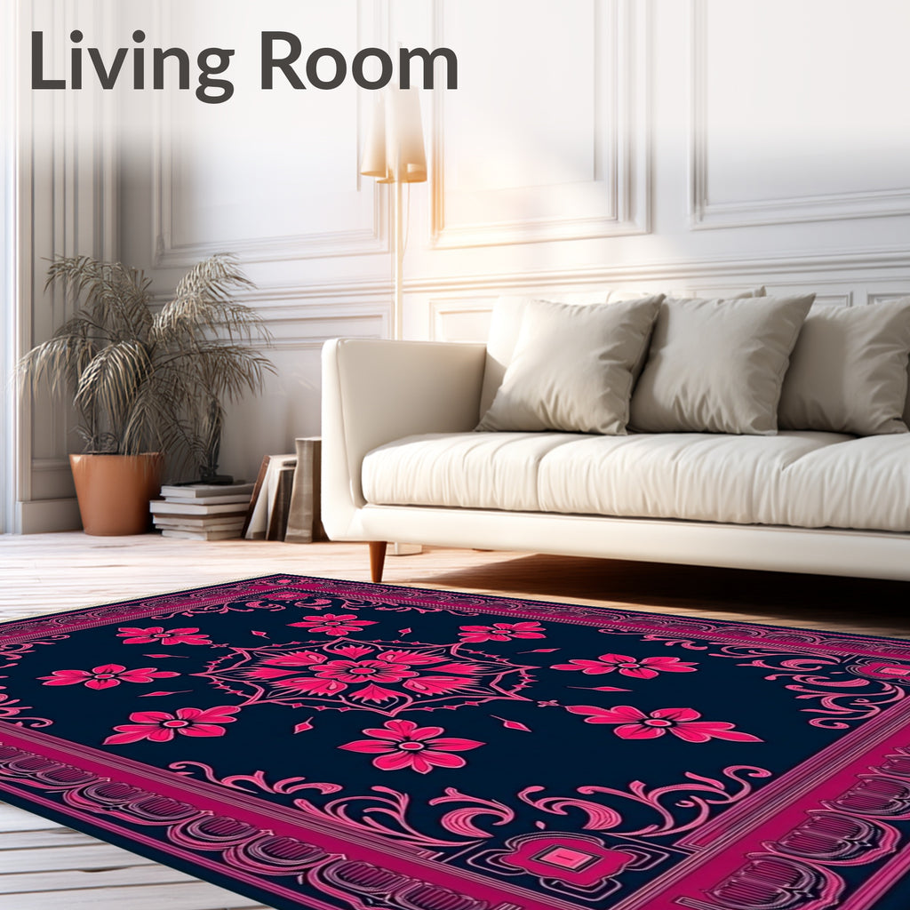 Fuchsia Floral Medallion Navy Rug