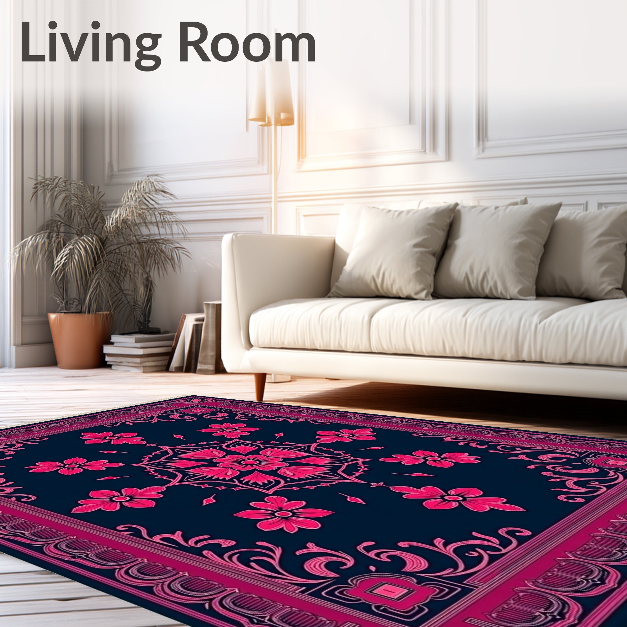 Fuchsia Floral Medallion Navy Rug