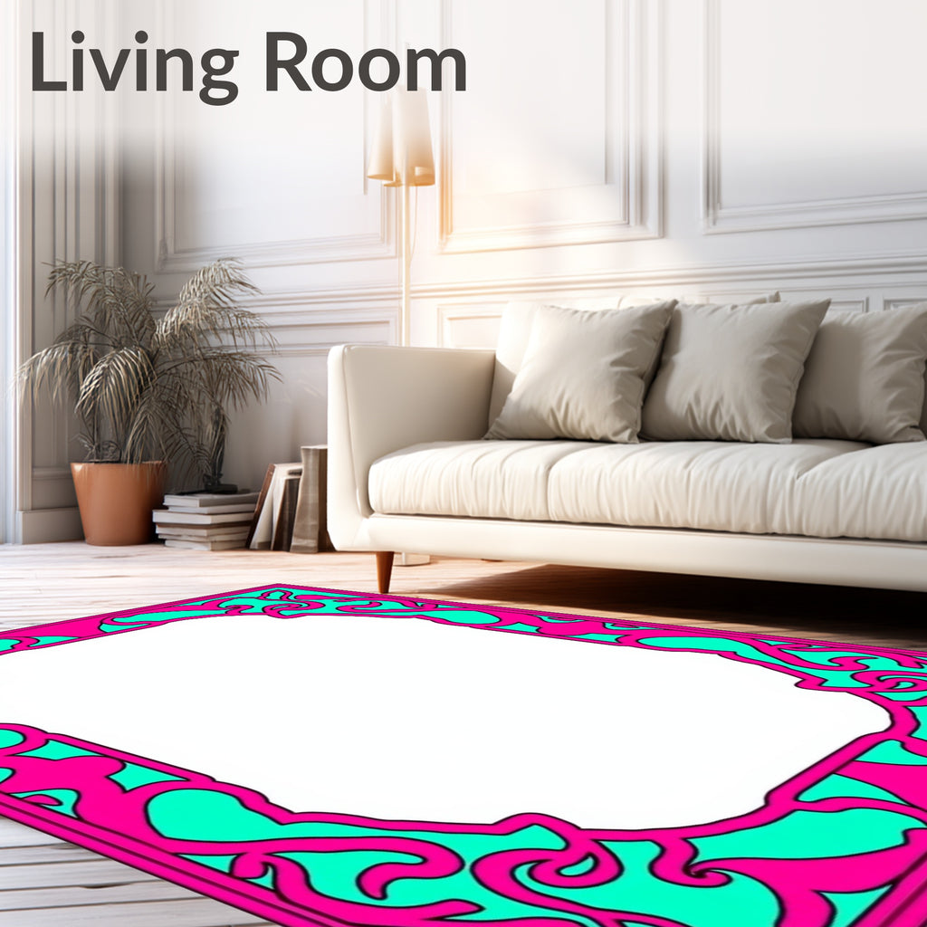 Bright Pink Teal Abstract Swirl Border Rug