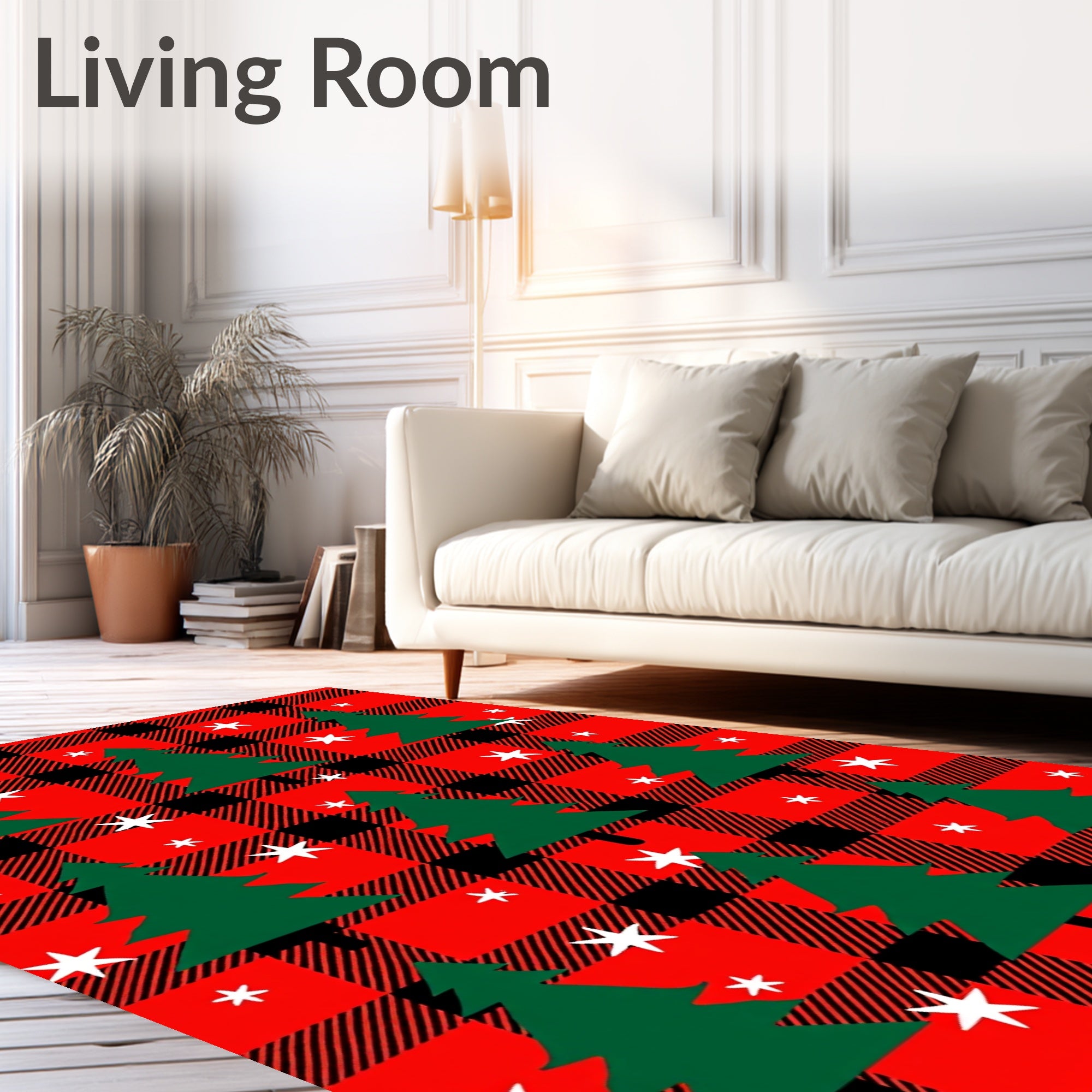 Red Black Buffalo Plaid Trees Stars Rug