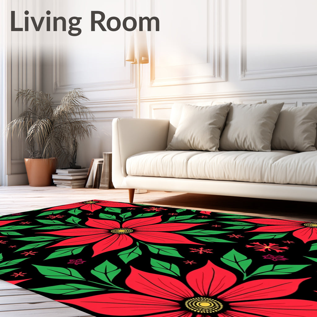 Festive Red Poinsettia Snowflakes Black Rug