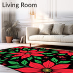Festive Red Poinsettia Snowflakes Black Rug