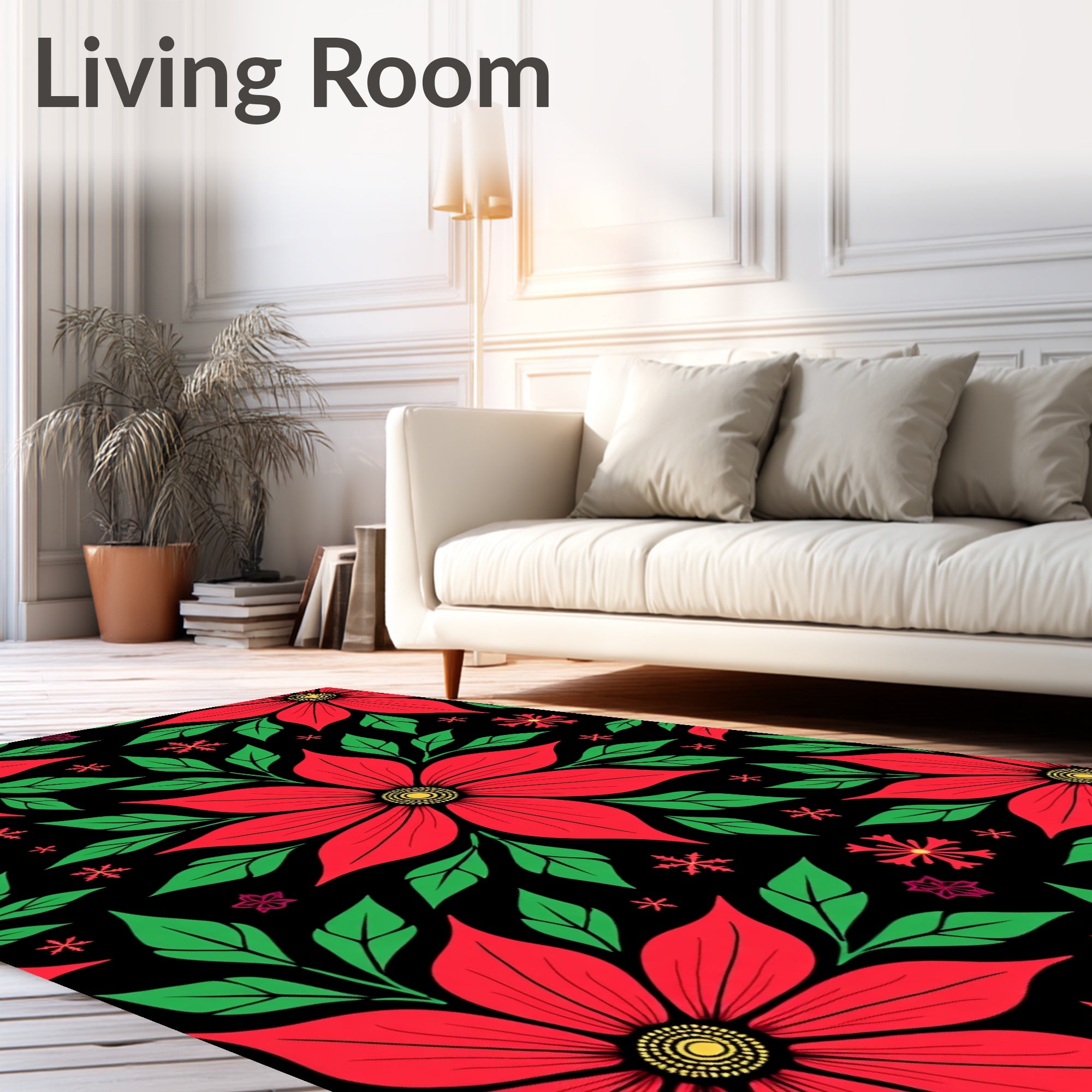 Festive Red Poinsettia Snowflakes Black Rug