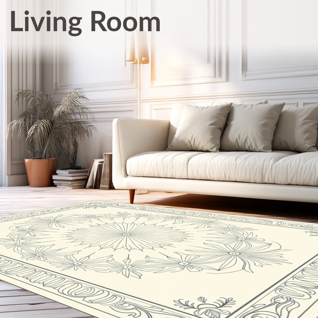 Cream and Gray Floral Medallion Outline Rug