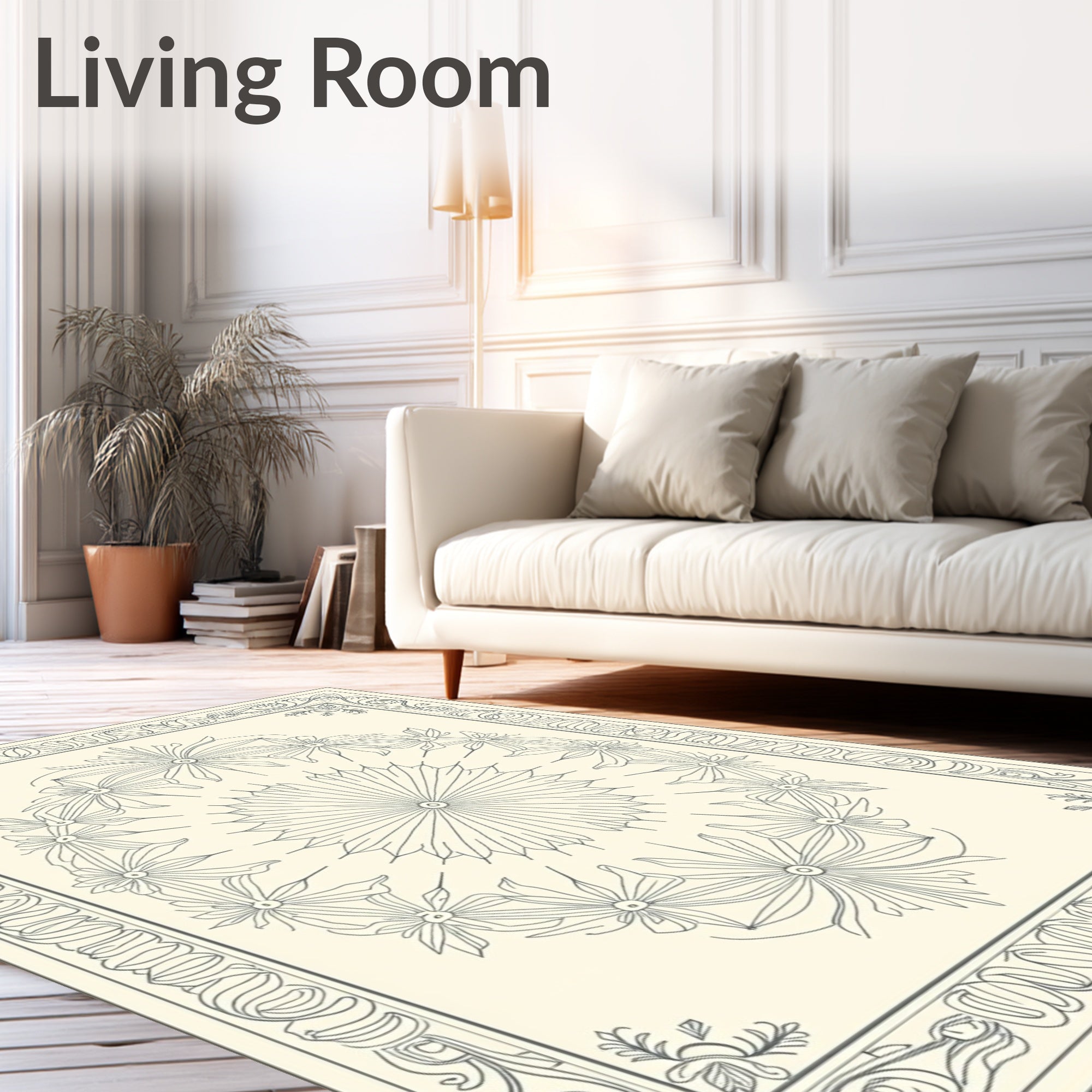 Cream and Gray Floral Medallion Outline Rug