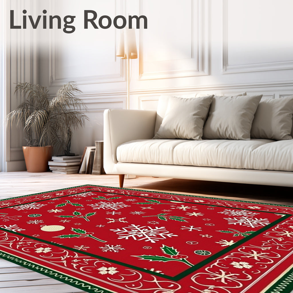 Festive Red Snowflake Holly Christmas Rug