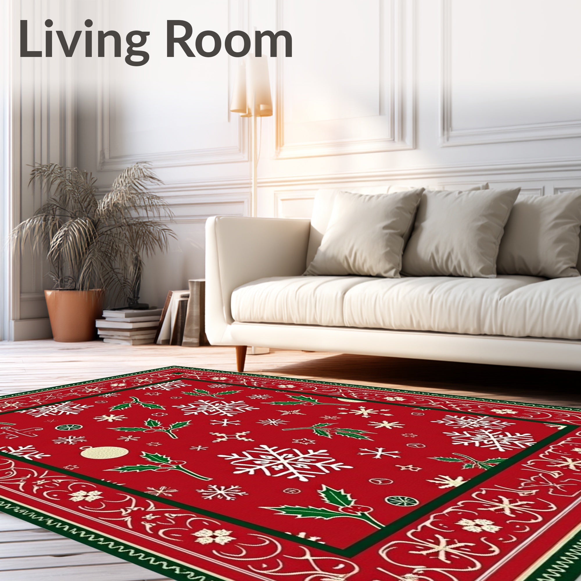 Festive Red Snowflake Holly Christmas Rug