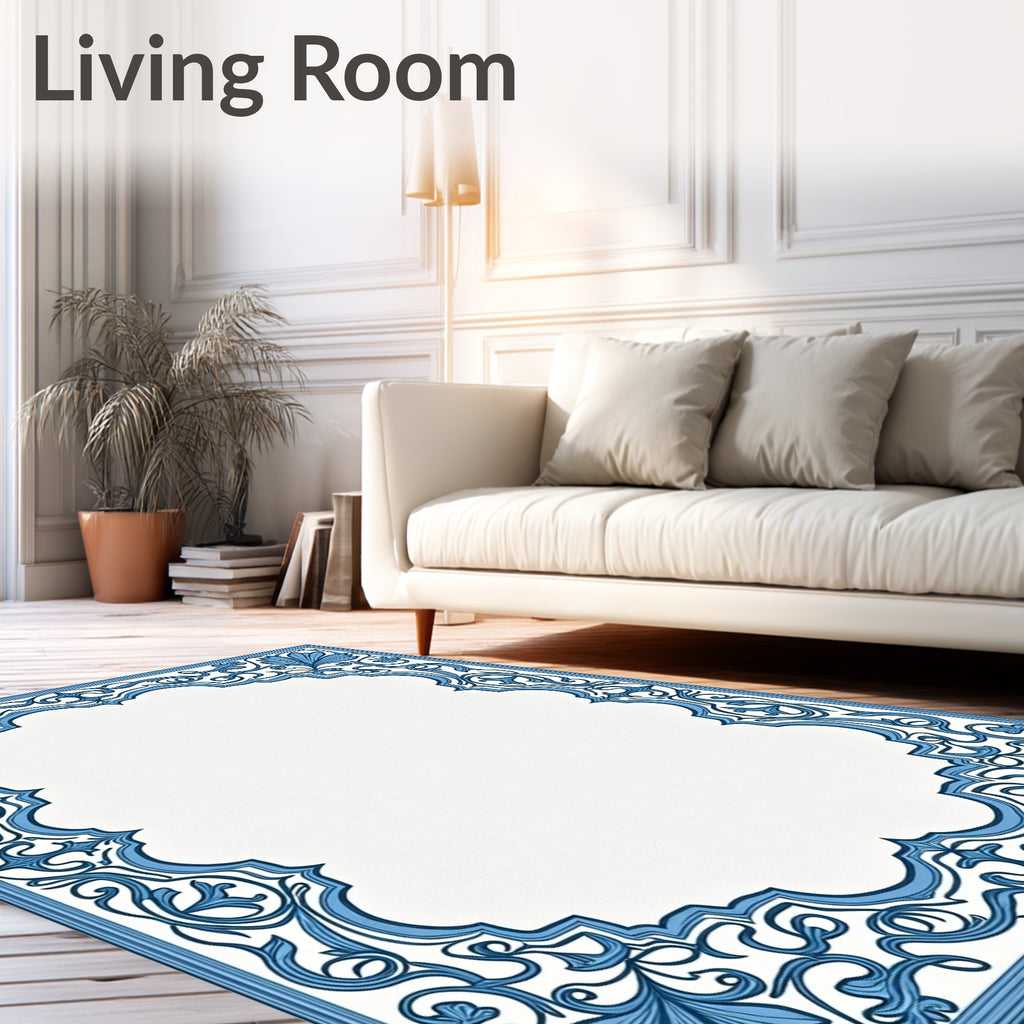 Ornate Blue Leaf Scroll Frame Rug