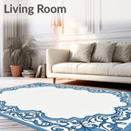 Ornate Blue Leaf Scroll Frame Rug