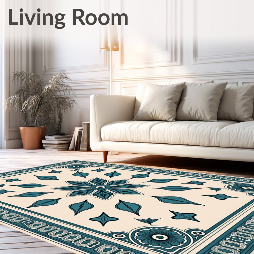 Aqua Cursive Bloom Border Rug