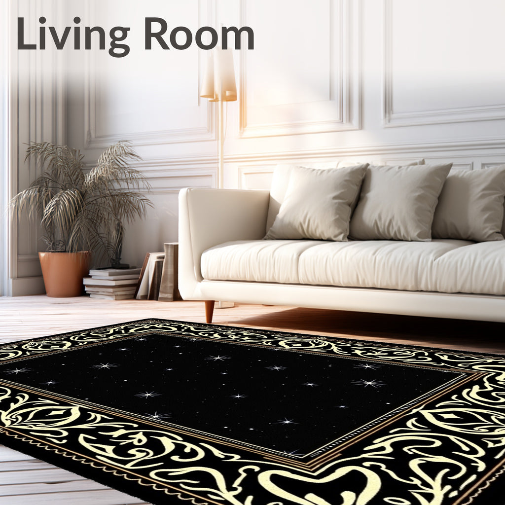 Black Sky Starry Night Floral Border Rug
