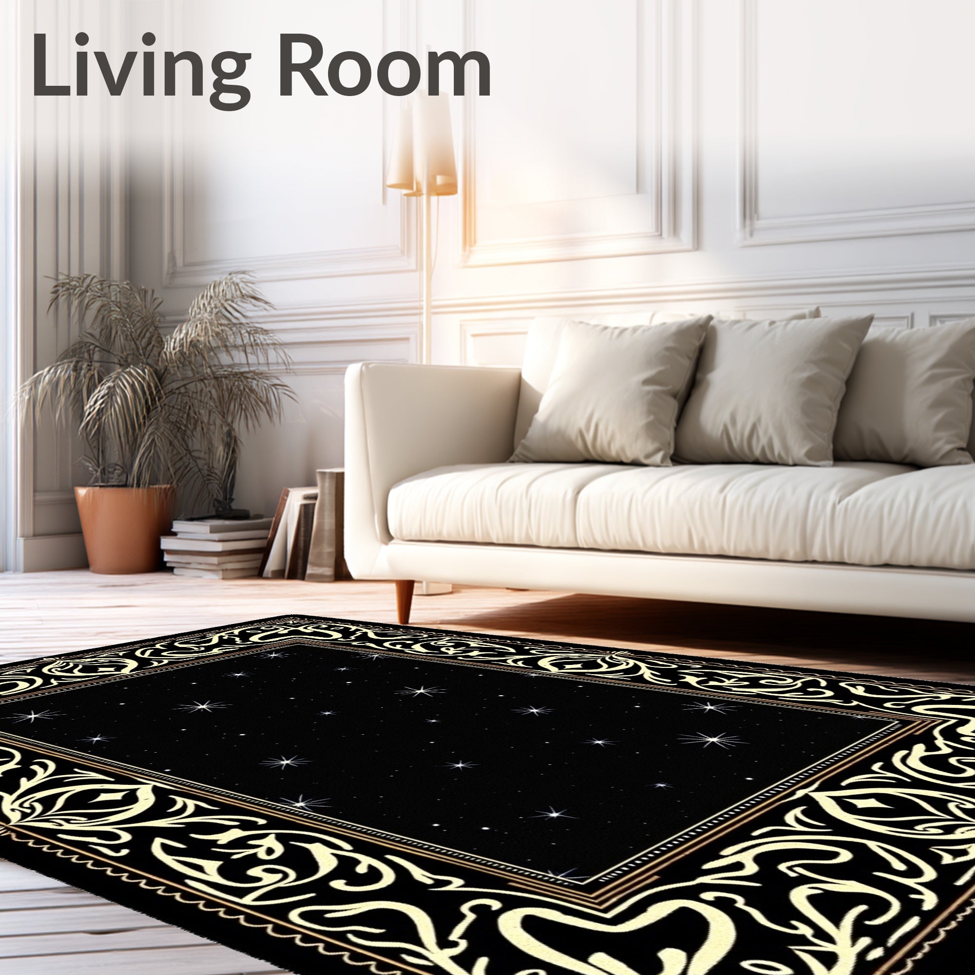 Black Sky Starry Night Floral Border Rug