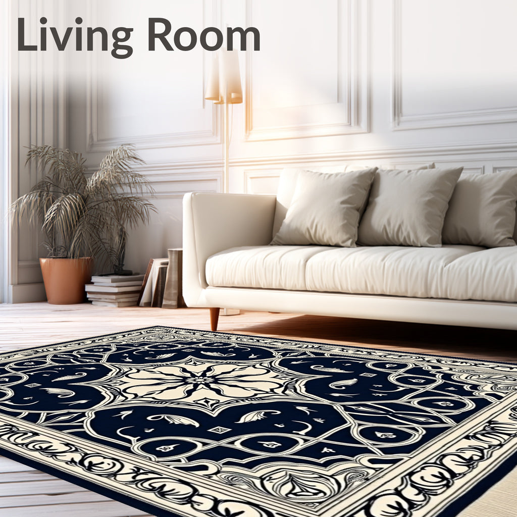Navy Cream Floral Arabesque Rug