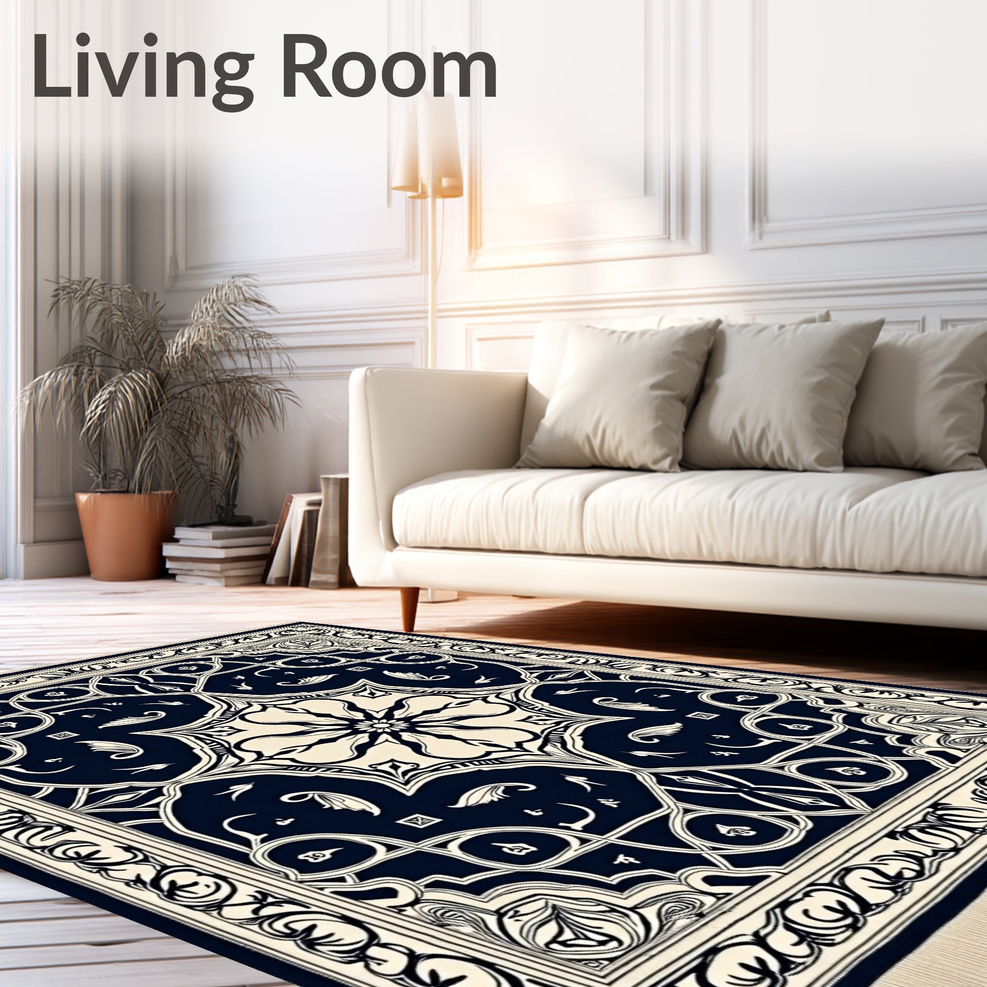 Navy Cream Floral Arabesque Rug